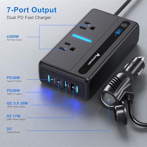 300W Continuous Inverter – 110V 12V/24V Input with 2 US Outlets 4 USB & Built-in 12V DC in Plug – 7-Port for Cars Vans RVs – Powers Laptops & Small Appliances
