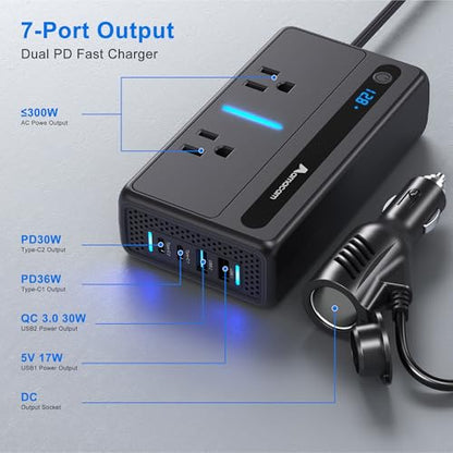 300W Continuous Inverter – 110V 12V/24V Input with 2 US Outlets 4 USB & Built-in 12V DC in Plug – 7-Port for Cars Vans RVs – Powers Laptops & Small Appliances