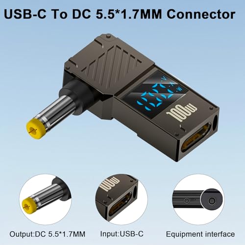 Poyiccot DC 5.5x1.7mm Power Plug, USB C Female to DC 5.5x1.7mm Power Adapter, 90 Degree, LED Digital Display, 100W Output 20V 5A Charger Connector for Laptop,1-Pack - color: 5.5x1.7mm
