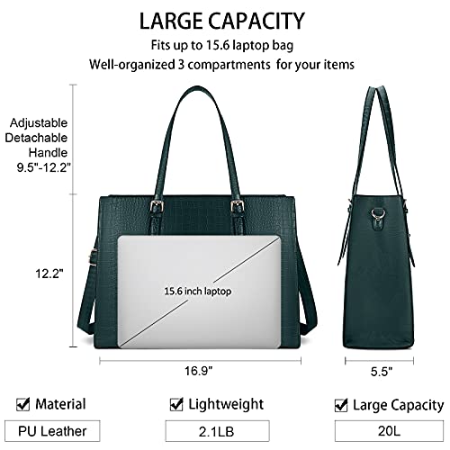 Laptop Bag for Women 15.6 Inch Crocodile Leather Tote Bag Water-resistant Work Briefcase Business Computer Shoulder Bag for Travel Teacher Nurse Professional Handbag - color: Dark Green