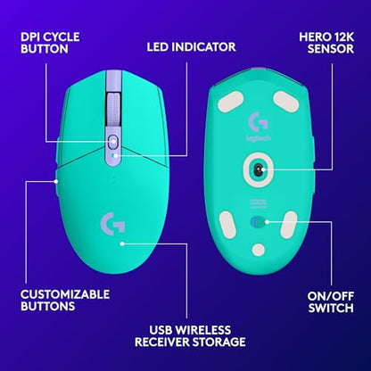 Logitech G305 Lightspeed Wireless Gaming Mouse, Hero Sensor, 12,000 DPI, Lightweight, 6 Programmable Buttons, 250h Battery, On-Board Memory, Compatible with PC, Mac - Mint - color: Mint, style: Classic