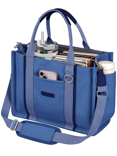 BESBESME Women’s Canvas Tote Bag with Zipper and Compartments – Multi-Pocket Laptop Work Crossbody Shoulder Tote Purse - color: Dark Blue, size: Large, style: Built-in Organizer