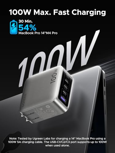 UGREEN Nexode Pro 100W GaN USB C Charger, 5-Port Fast Type-C Wall Charger Block with Smart Display Compatible with MacBook Pro/Air, iPhone 17/16 Series, Galaxy, iPad Pro, Steam Deck