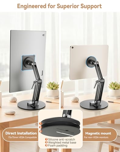 Jakeko Magnetic Portable Monitor Stand VESA Mount 75mm Travel 360° Swivel | L-Shaped Hand Wrench,13.3" 14.1" 15.6" 17.3" 18.5 Inch Screen,Thickened Base,Fully Folds Flat For Easy Storage,Solid Aluminum - size: Up to 18.5''