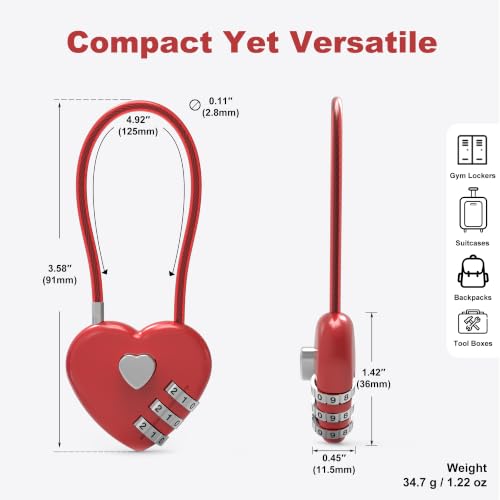 Small Combination Padlock, Cable Locks with Combination, Cute Padlock with Number, Combo Cable Lock for Luggage, Suitcase, Gym Locker, Backpack Zipper, Bag, Toolbox, Helmet, Travel Safe - color: Red, 2-Pack, size: 5 inch (12.7 cm) Cable）