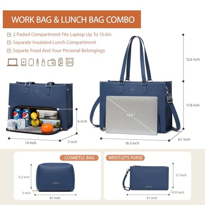 Keyli 3pcs Laptop Bag for Women 15.6 inch and Lunch Tote Bag for Women with Insulated Lunch Compartment Computer Briefcase - color: 1.0-blue