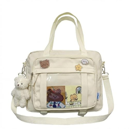 Kawaii Crossbody Ita Bag for Women with Pin & Plush Bear - Japanese Messenger Bags Y2K Shoulder Purse - color: B Pro Beige (Fits 13.4" Laptop)