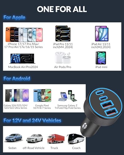 2 Pack Car Charger USB C, 4 in 1 90W Fast Charging 4-Port Car Phone Charger | Dual 45W USB C & USB A, Cargador Carro Lighter Adapter, for iPhone 17 16 15 14 13 12 Pro Max, iPad, Galaxy, Tablet, Android - style: 2 Pack