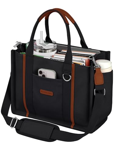 BESBESME Women’s Canvas Tote Bag with Zipper and Compartments – Multi-Pocket Laptop Work Crossbody Shoulder Tote Purse - color: Black, size: Large, style: Built-in Organizer