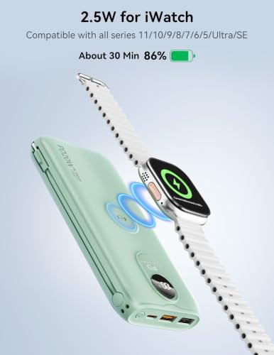Portable Charger 10000mAh 20W, Wall Plug, 2 Cables, iWatch Charging | Digital Display, Compact Lightweight, USB C Fast Charge, USB-A 18W, Multi Protection, Travel Essential, for iPhone 17 16, Pad - color: Natural Green