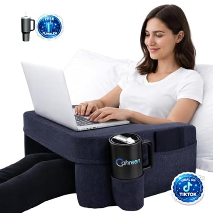 Lap Desk Pillow with 40oz Tumbler, Ergonomic Portable Laptop Desk Cushion for Bed with Arm Support, Gaming Pillow, Reading Pillow Arms, Lap Tray Cushion, Tablet & Laptop Lap Table Workstation