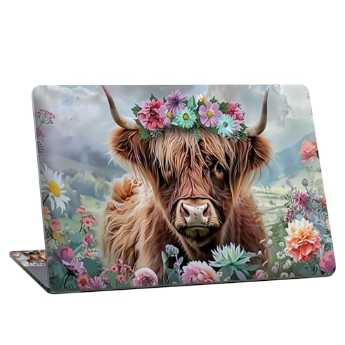 Universal Laptop Skin Sticker with 2 Wrist Pad Skins, Waterproof Scratch Resistant Vinyl Laptop Cover Decal, Cut to Fit for 11–15.6 Inch MacBook HP Dell Lenovo, Flowers Highland Cattle - color: Flowers Highland Cattle