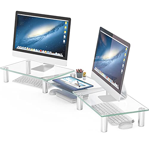 Hemudu Dual Monitor Stand -Adjustable Length and Angle Dual Monitor Riser, Desktop Organizer for PC, Computer, Laptop (Clear)