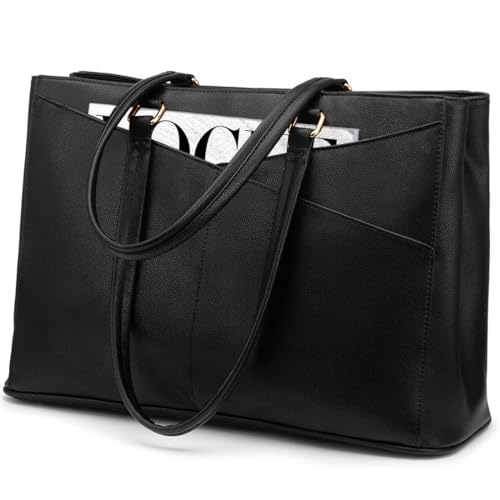 LOVEVOOK Laptop Tote Bag for Women 15.6 Inch Waterproof Leather Computer Bags Business Office Work Briefcase Black | Fits 15.6 Inch Laptop, Waterproof Front Pocket, Shoulder Strap, Large Purse for Business Office Work, Black - color: Black 15.6 Inch, size