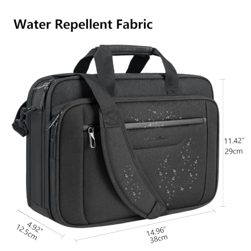 VANKEAN Laptop Briefcase Fits 15.6"-16" Laptop Slim Expandable Shoulder Bag | Multi Functional Compartment,Padded Shoulder Strap,Convenient Luggage Strap,Water-Repellent Fabric,Padded Laptop Compartment - color: Black-black, size: 15.6"