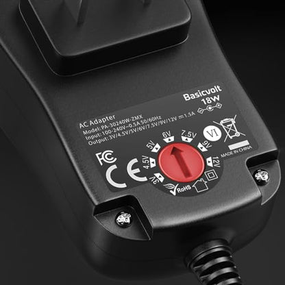 3V-12V Universal AC Adapter Multi-Volts 4.5V 5V 7.5V1.5A DC Adapter Charger | Basicvolt DC 3V 4.5V 5V 6V 7.5V 9V 12V 1.5A 1A Power Supply, for LED Strip Light CCTV Camera Speaker Router, with 8 DC Tips - size: 18W 3-12V
