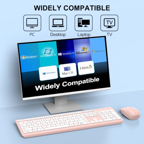 Wireless Keyboard and Mouse Combo, Full-Size Silent Ergonomic Keyboard and Optical Mouse, Long Battery Life, 2.4G Lag-Free Mice Keyboard for Computer, Mac, Laptop, PC, Windows(White Pink) - color: White Pink