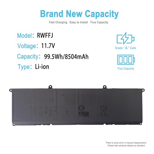 99.5Wh RWFFJ Replacement Laptop Battery for DELL XPS 16 9640 2024 Series Notebook 0WPGCC WPGCC 0400FY J8FK9 0J8FK9 451-BDGK 11.7V 8504mAh 6-Cell