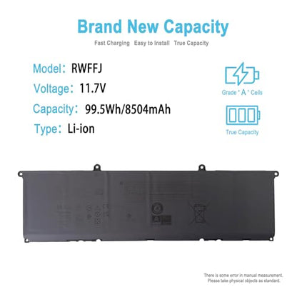 99.5Wh RWFFJ Replacement Laptop Battery for DELL XPS 16 9640 2024 Series Notebook 0WPGCC WPGCC 0400FY J8FK9 0J8FK9 451-BDGK 11.7V 8504mAh 6-Cell