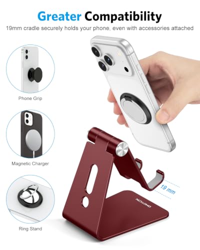 OMOTON C2 Adjustable Cell Phone Stand with Charging Cutout, Cherry Red | Sturdy 3mm Aluminum, Charging Port, 270° Adjustable, Non-Slip Silicone Pads, Works with Thick Cases, for All Smartphones - color: Cherry Red