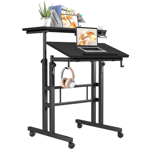 Klvied Height Adjustable Mobile Standing Desk, Tiltable Laptop Desk with Cup Holder & Hook, Portable Rolling Desk with Lockable Casters, Home Office Workstation for Standing/Sitting, Black - color: Black