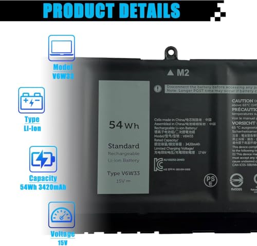 V6W33 Laptop Battery Replacement for Dell Inspiron 3520 3525 3530 5330 5415 5420 5425 5430 5435 Latitude 3320 3420 3430 Vostro 3510 3515 3520 5310 5410 5415 Series Laptop TN70C 15V 54Wh - size: 10.24*3.23*0.28 inch V6W33