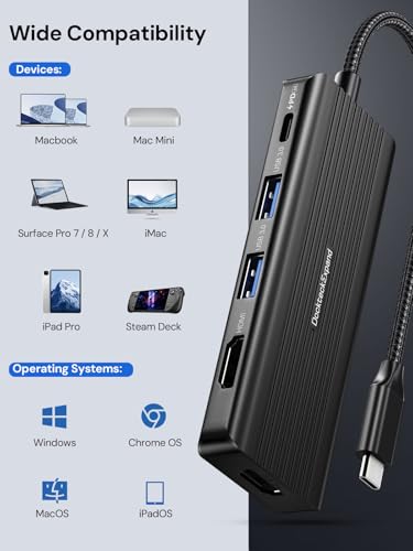 USBC to HDMI, DockteckExpand 5-in-1 USB C Hub with Dual HDMI 4K@30Hz, 2 USB 3.0 Ports, 100W PD Charging – Compatible with MacBook, Dell, Chromebook & More - color: Cool Black