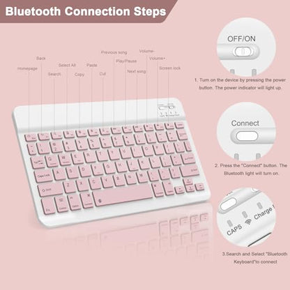 NOOX Bluetooth Keyboard for iPad A16 11th 10th Generation, iPad Pro 13/12/11/10/9/8/7 inch, iPad Air 13/11th Gen, iPad mini Tablets, etc. - Slim Wireless Portable Travel Office Computer Accessories - color: Pink