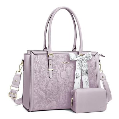 MOSISO Laptop Bag for Women, 17-17.3 inch PU Leather Tote Bag | Compatible with MacBook, HP,Dell, Front Embossed Retro Hibiscus Computer Bags with Silk Scarf&Clutch Purse, Dusty Lilac - color: Dusty Lilac, size: 17.3 inch