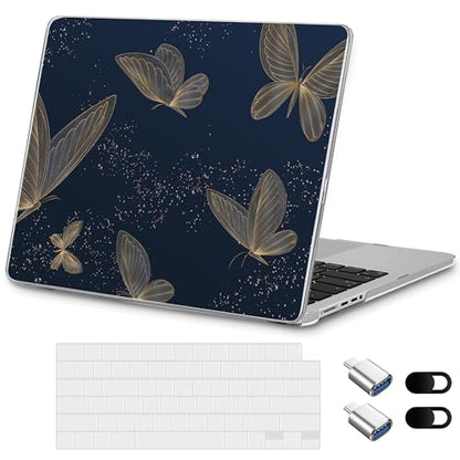 Designed for M5/M4/M3/M2 MacBook Pro 14 inch Case 2025 2024 2023 2021 Model, Ultra-Thin Hard Shell Case with Keyboard Cover & USB Adapter & Webcam Cover, Butterflies in Golden - color: Butterflies in Golden