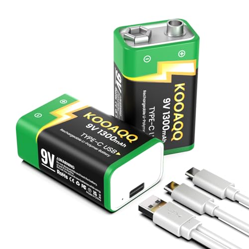 2-Pack Rechargeable 9v Batteries, USB-C Recharge 1300mAh 9 Volt Lithium-ion Long Lasting Power for SmokAlarms, Microphones, Multimeters, Walkie-Talkie, Metal Detector, Toys, with 2 in 1 Charging Cable - size: 2-Pack