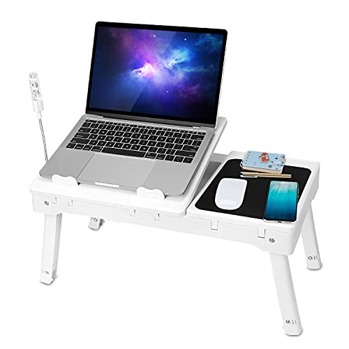 Laptop Table Bed Notebook Desk-Multi-Functional Laptop Bed Table Tray with Internal Cooling Fan, Laptop Desks with LED Light, 4 USB Ports, Storage, Mouse Pad (white)