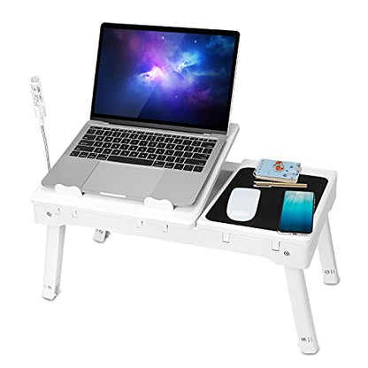 Laptop Table Bed Notebook Desk-Multi-Functional Laptop Bed Table Tray with Internal Cooling Fan, Laptop Desks with LED Light, 4 USB Ports, Storage, Mouse Pad (white)