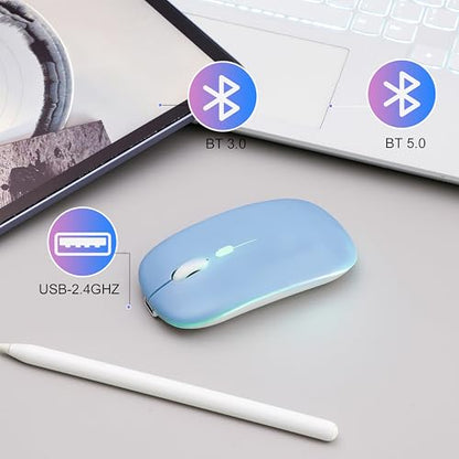 Wireless Bluetooth Mouse Rechargeable Long Lasting Dual Mode - BT 5.2 & 2.4G Silent RGB LED Mice, Slim Portable Ergonomic Mouse for Laptop/PC/Tablet/MacBook/iPad/Apple Devices(Blue) - color: Blue