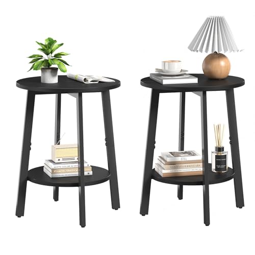 sthmec Side Table Set of 2, Small Round End Table with Storage Shelf for Small Space, 2-Tier Black Bedside Table Sofa Couch Table, Nighstands Set of 2 Accent Table for Living Room, Bedroom, Black - color: Black
