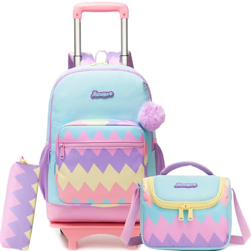 Girls Rolling Backpack for Kids Backpack with Wheels for Elementary School,Large Capacity Trolley School Bag with Lunch Box Pencil Case - color: Purple Blue