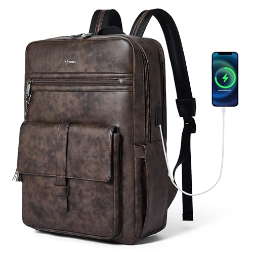 16 inch Vegan Leather Laptop Backpack with USB Charger | Smart Computer Backpack For Men and Women,Back Pocket Convert Luggage Sleeve,20L Large Capacity,Business Work Office College - color: Two-toned Coffee