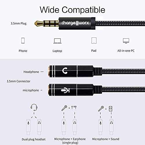ChargeWorx 3.5mm Headphone and Mic Splitter Adapter, Gaming Headset Y Splitter Cable with Gold Plated Connectors, Audio and Microphone Jack Converter for PC, Laptop, Console and Smartphone