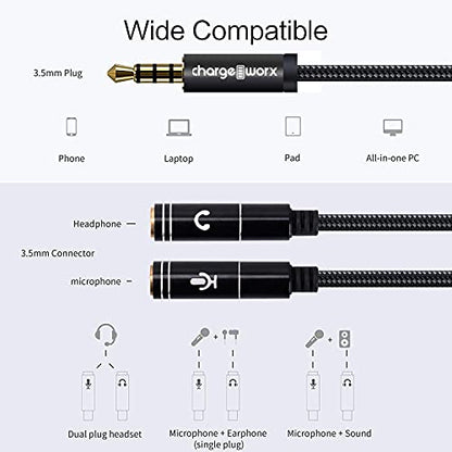 ChargeWorx 3.5mm Headphone and Mic Splitter Adapter, Gaming Headset Y Splitter Cable with Gold Plated Connectors, Audio and Microphone Jack Converter for PC, Laptop, Console and Smartphone