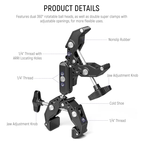 Neewer Double Super Clamp Camera Mount with Magic Arm, Cold Shoes for Desk Studio Light Stand Holder Photography Reflector, Flag, Cross Bars, Motorcycle, Umbrella, Pole Stick Shoot Accessories Tools | For Desk, Studio Light Stand Holder, Photography Refle