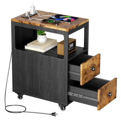 Narrow End Table with Charging Station and Wheels, Movable Narrow End Table with USB Ports and Outlets for Small Space, Living Room, Bedroom and Office, with 4 Wheels ( Rustic Brown + Black) - color: [A1] Black & Brown