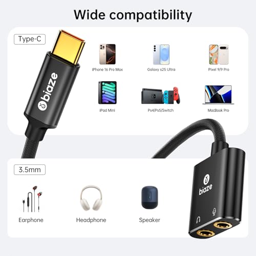 USB C to 3.5mm Jack Audio Adapter External Sound Card with 3.5mm Headphone and Microphone TRS Jack to USB C Compatible with Windows, Laptops, Desktops Windows, MAC, Linux, PC, PS5, PS4 - color: B-Black