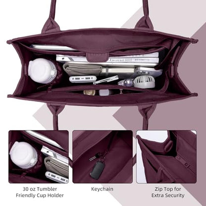 Laptop Tote Bag for Women, Large Canvas Totes with Zipper and Key Fob, Work School Bag Travel Bag Teacher Nurse Purse - color: Wine