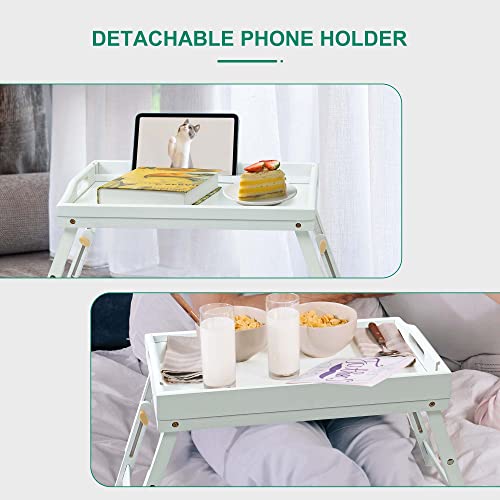 Bed Tray Table for Eating - Bamboo Breakfast Food Table with Phone Tablet Holder - Adjustable Height White Serving Tray with Folding Legs on Lap Sofa - Portable Laptop Snack Platter for Bedroom Picnic