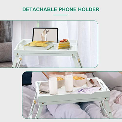 Bed Tray Table for Eating - Bamboo Breakfast Food Table with Phone Tablet Holder - Adjustable Height White Serving Tray with Folding Legs on Lap Sofa - Portable Laptop Snack Platter for Bedroom Picnic