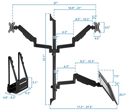 Mount-It! Dual Monitor Arm Wall Mount Workstation with Keyboard Tray & CPU Holder, Height Adjustable Gas Spring Full Motion Computer Station, Fits 17–32” VESA 75x75 100x100, Black - size: Dual Monitor