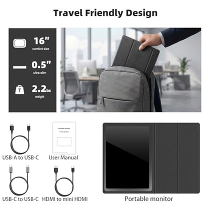 Portable Gaming Monitor 16 Inch 144Hz 1920x1200 FHD+ USB-C Portable Monitor, HDR IPS Second Screen for Laptop MacBook Pro PC PS5 Xbox Switch - size: 16inch 144hz