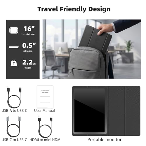 Portable Gaming Monitor 16 Inch 144Hz 1920x1200 FHD+ USB-C Portable Monitor, HDR IPS Second Screen for Laptop MacBook Pro PC PS5 Xbox Switch - size: 16inch 144hz