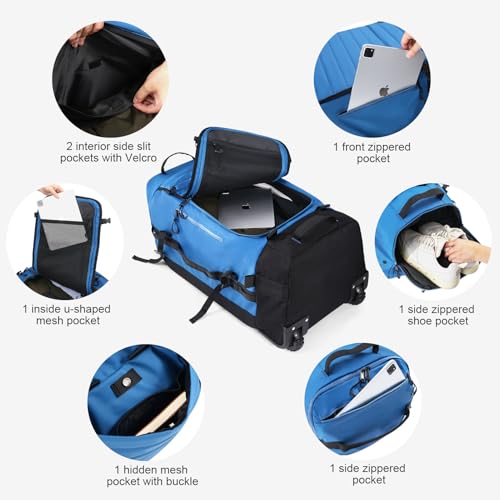 Vomgomfom 86L Collapsible Wheeled Duffle Bag Waterproof, Blue | Detachable Backpack Straps, Padded Laptop Sleeve, Quilted Reinforced Base, U-Shape Mesh Pocket, Shoe Compartment - color: Blue