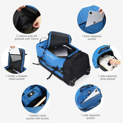 Vomgomfom 86L Collapsible Wheeled Duffle Bag Waterproof, Blue | Detachable Backpack Straps, Padded Laptop Sleeve, Quilted Reinforced Base, U-Shape Mesh Pocket, Shoe Compartment - color: Blue